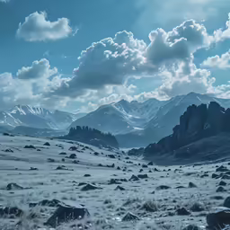 a snow - covered field has rocks and grass under the mountains