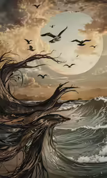 an artistic image with birds flying above the waves