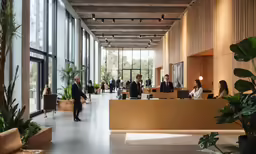 a large office with tables and a lot of people walking by