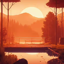 an artistic shot of a pond and mountains in the distance,a park at sunset with the sun shining down