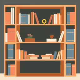 a cartoon book shelf filled with books and a clock,a bookcase with several books and an object on the top of it