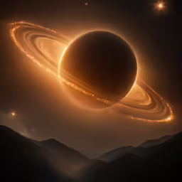 a planet with a very long ring and lots of light around it