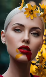 a blonde woman with flowers in her hair