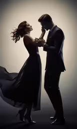 a couple wearing dress dancing together in the dark