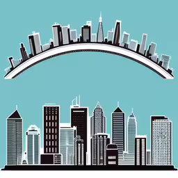 a black and white illustration of the cityscape under a bridge,a city skyline with buildings drawn above it