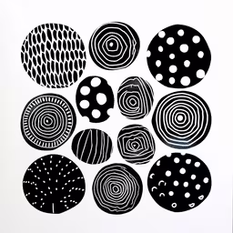 black and white artwork with circles and dots on the wall,many circles drawn on paper with black ink
