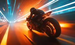 an illuminated image of a motorcyclist riding fast