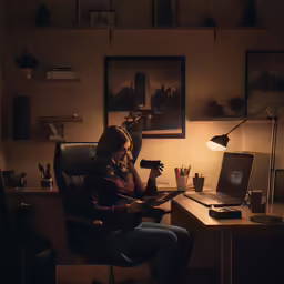 a woman is sitting at a desk with a laptop