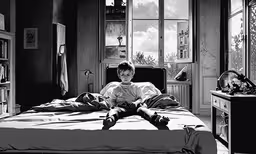 a man sitting on his bed in a bedroom,an unmade bed with a person laying on it