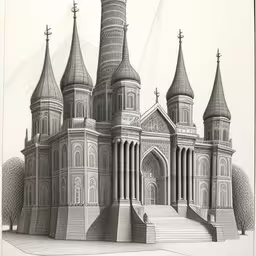a drawing that shows a drawing of a large building with turrets