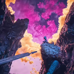 a woman with long hair stares into the sky above rocks