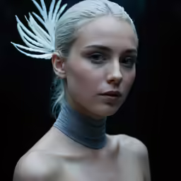 a woman wearing a white choker and some big fake feathers
