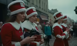 three people dressed in red are holding cup