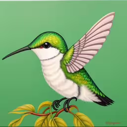 a picture of a hummingbird on a branch,a colorful hummingbird is on a green background,a painting of a green hummingbird perching on a branch,a small bird sitting on a tree branch,a bird sitting on top of a green background