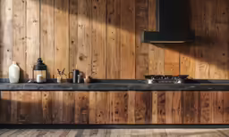 a wooden and metal counter in a bathroom