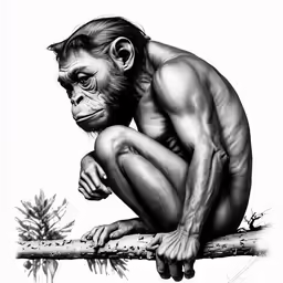the monkey has his head down while sitting on the branch