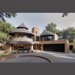 modern house with a circular driveway and a parking lot
