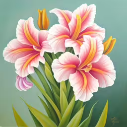 a painting of pink flowers with yellow stamens,some pink flowers painted on a green background,the painting depicts three pink flowers on a green background,a painting of three flowers on a green background,two pink flowers are sitting in front of green leaves