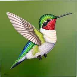the colorful hummingbird has its wings outstretched,a painting of a hummingbird perched on a branch