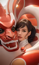 a woman in white shirt and orange dragon mask