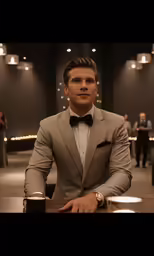 the young man is wearing a bow tie sitting at a table in the lobby