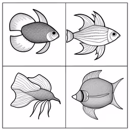 four images of different fish with one in color and the other in black and white