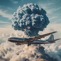 an air plane flying through the sky with a large cloud of smoke