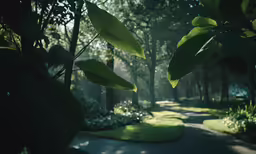 trees and grass on a quiet road in the woods