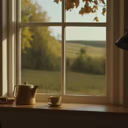 a window sill with a tea pot and cup on it