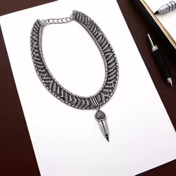 a drawing with a pen and a small note,a white sheet on top of a brown desk next to pens