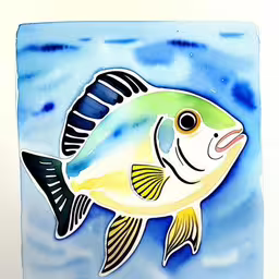 a close up of a fish on blue water,a painting of a fish that is watercolored,a glass tile features a fish in the ocean,a fish is shown on a tile in blue water,a close up of a fish on a tile