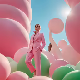 a woman in pink standing on the ground surrounded by balloons