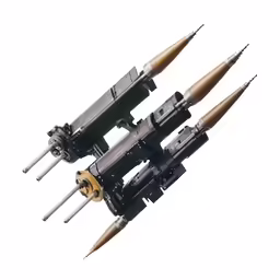 four missiles are stacked in the air with their tops off