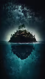 a tree standing on an island near water