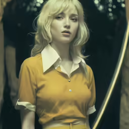 blonde haired female model in a yellow shirt and skirt