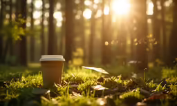 a coffee cup sitting in the grass near trees