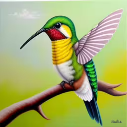 a bird with red, yellow and green wings on a tree limb,a painting of a hummingbird perching on a branch,a painting shows a colorful bird sitting on a branch,the humming bird is perched on the tree branch,a painting of a bird sitting on top of a tree branch