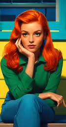 a red haired woman sitting on top of a bench