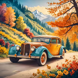 a vintage automobile drives on a scenic country road