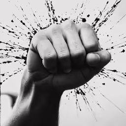 a close up of a person with fists raised in front of their face