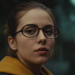 a woman with glasses looks towards the camera