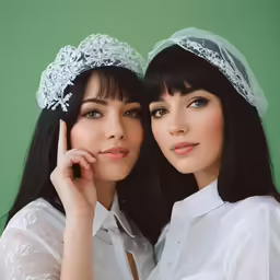 two young women posing for the camera with lace headbands on