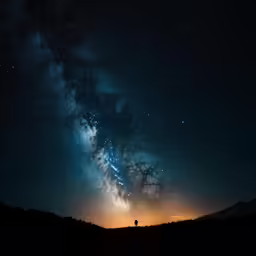 a person in the distance stands in a field at night under a large sky filled with stars
