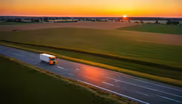 an orange truck driving down the road at sunset,a semi truck on a road near an empty field