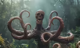 a creepy statue with tentacles and a skull is in a forest