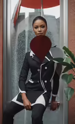 the young woman is posing in the red umbrella