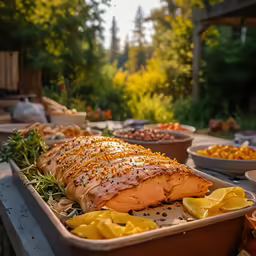 a meal is displayed in different plates, with a large platter