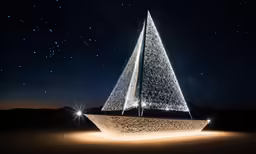 a sailboat at night on the sandy beach