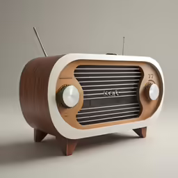 an old radio on a wooden stand with a radio mic