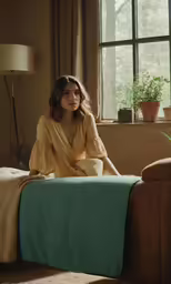 a woman posing on the end of a couch